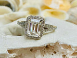 2.7ct Engagement Ring Emerald Cut Diamond Split Shank Halo 14k White Gold Finish