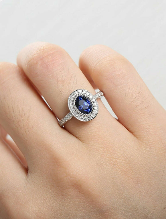 2.3ct Oval Cut Blue Sapphire Engagement Ring Halo Vintage 14k White Gold Finish