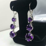 2.5ct Cushion Cut Purple Amethyst Trilogy Drop Earrings 14k White Gold Finish