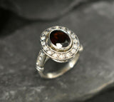 2.7ct Oval Cut Red Garnet Vintage Inspired Halo Ring 14k White Gold Finish