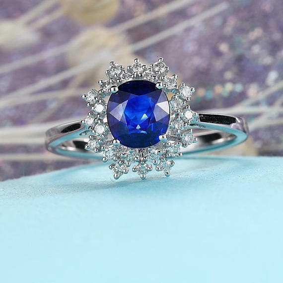 2ct Oval Cut Blue Sapphire Engagement Ring 14k White Gold Finish Floral Design