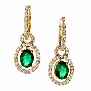 2ct Oval Cut Green Emerald Halo Party Wear Drop Earrings 14k Yellow Gold Finish