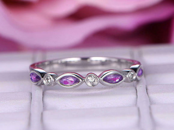 1ct Marquise Cut Purple Amethyst Wedding Band Half Eternity 14k White Gold Over