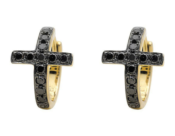 0.5ct Round Cut Black Diamond Cross Design Hoop Earrings 14k Yellow Gold Finish