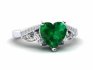 2ct Heart Cut Emerald Engagement Ring Art Deco Diamond Accent 14k WhiteGold Over