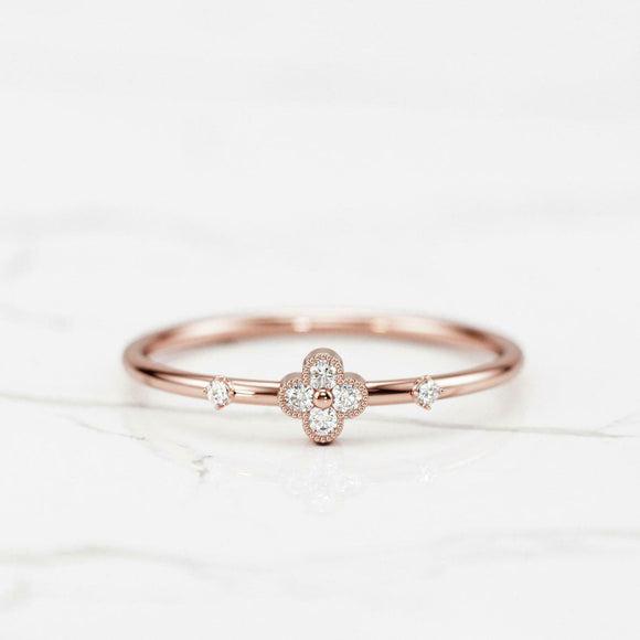 Floral Dainty Minimalist Engagement Ring 0.4ct Round Diamond 14k Rose Gold Over