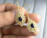 2.8ct Drop Earrings Oval Cut Blue Sapphire Vintage Inspired 14k Yellow Gold Over