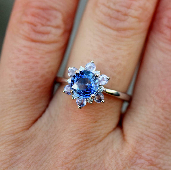 1ct Engagement Ring Round Cut Blue Tanzanite Floral Solitaire 14k WhiteGold Over