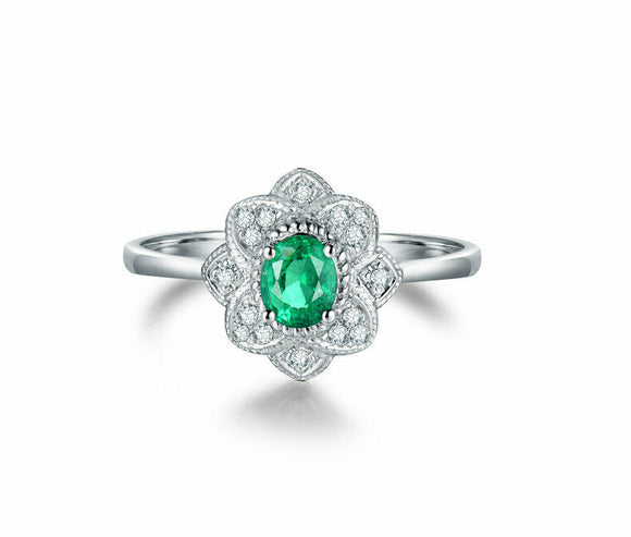 2Ct Oval Cut Green Emerald Diamond Floral Vintage Ring 14K White Gold Finish