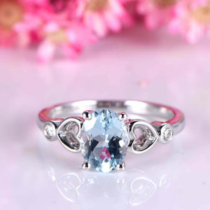 1.5ct Oval Cut Blue Aquamarine Heart Shaped Solitaire Ring 14k White Gold Finish