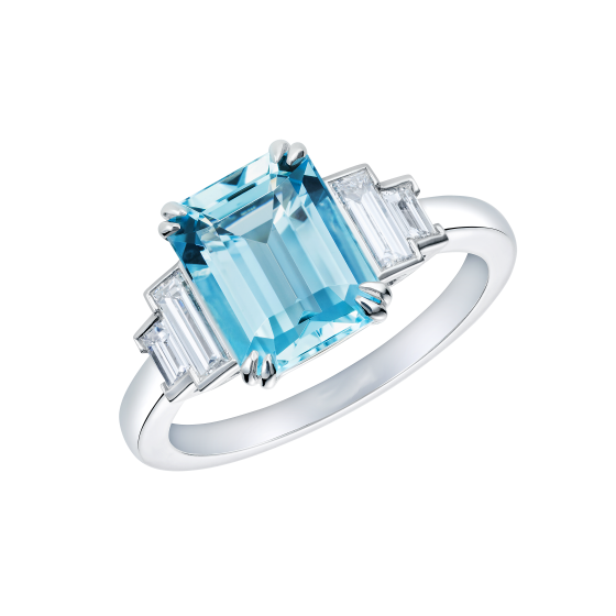 3Ct Emerald Blue Aquamarine Solitaire Ring 14K White Gold Over Baguette Accents