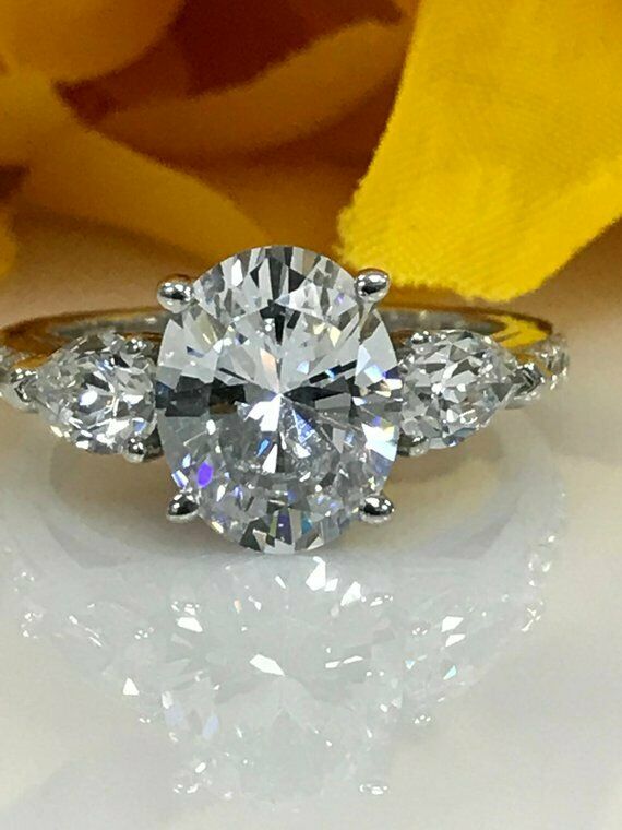 2ct Oval Cut Diamond Three Stone Solitaire Engagement Ring 14k White Gold Finish