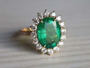 2.6ct Engagement Ring Oval Cut Green Emerald Diamond Floral 14k Yellow Gold Over