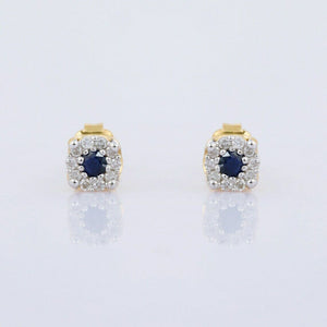 1ct Stud Earrings Round Cut Blue Sapphire Halo Design 14k Yellow Gold Finish