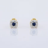 1ct Stud Earrings Round Cut Blue Sapphire Halo Design 14k Yellow Gold Finish