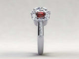 3ct Round Cut Diamond Red Garnet Accents Halo Trilogy Ring 14k White Gold Finish