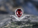 1.5Ct Pear Cut Red Garnet Crown Halo Style Engagement Ring 14K White Gold Finish