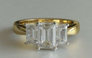 2.7ct Emerald Cut Diamond Engagement Ring Classic Trilogy 14k Yellow Gold Finish