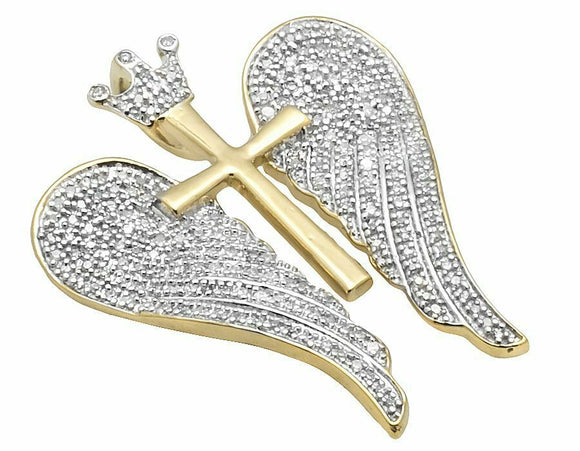 2ct Round Cut VVS1D Diamond Pendant Angel Wings with Cross 14k YellowGold Finish