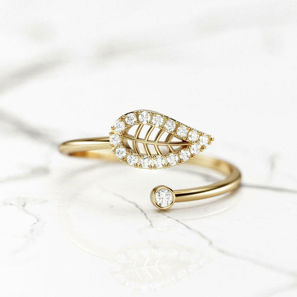 Open Bypass Leaf Design Engagement Ring 1ct Round Diamond 14k Yellow Gold Finish