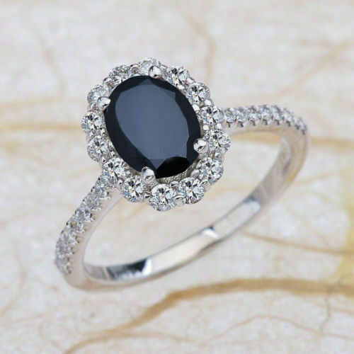 4Ct Oval Cut Black Diamond Round Accent Halo Engagement Ring 14K White Gold Over