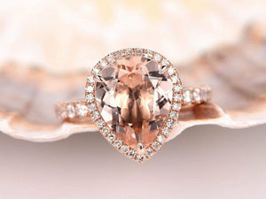 1.2ct Pear Cut Peach Morganite Halo Solitaire Engagement Ring 14k Rose Gold Over