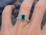 2.3Ct Cushion Cut Green Emerald Bridal Set Engagement Ring 14K White Gold Finish