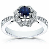 4Ct Round Cut Blue Sapphire Milgrain Vintage Engagement Ring 14K White Gold Over