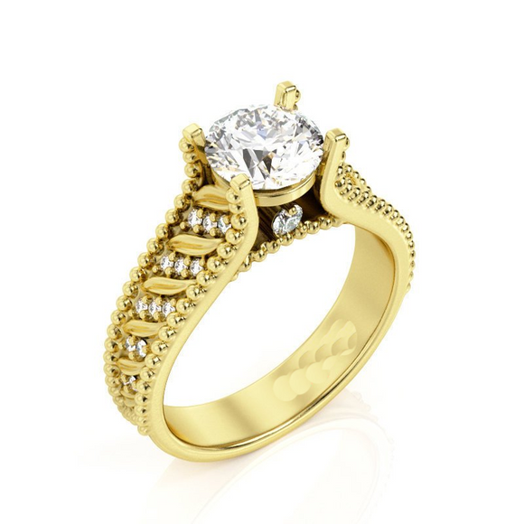 2.6ct Round Cut Diamond Engagement Ring 14k Yellow Gold Finish Leaves Filigree