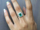 3ct Engagement Ring Green Emerald Cut Round Accent Dual Halo 14k White Gold Over