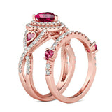 4Ct Heart Cut Pink Ruby Diamond Bridal Set Dual Halo Ring 14K Rose Gold Finish