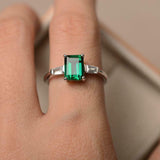 2ct Green Emerald Cut Trilogy Ring 14k WhiteGold Finish Tapered Baguette Accents