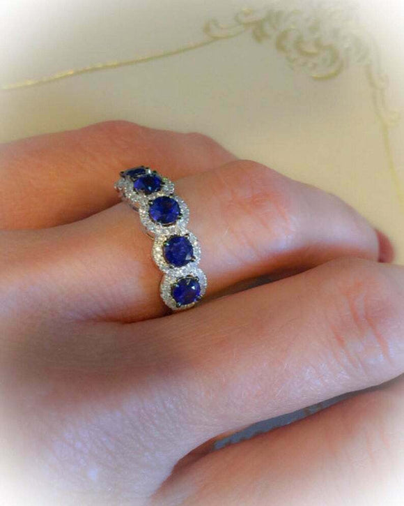 2ct Round Cut Blue Sapphire Diamond Halo Half Eternity Band 14k WhiteGold Finish