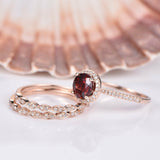 1.9ct Round Cut Red Garnet Halo Trio Set Engagement Ring 14k Rose Gold Finish