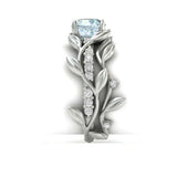 2ct Round Cut Blue Aquamarine Engagement Ring Flower Leaf 14k White Gold Finish