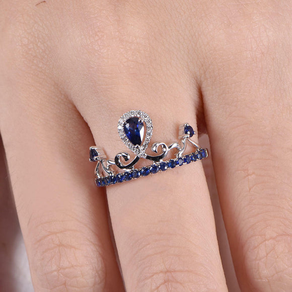 1.6ct Pear Cut Blue Sapphire Crown Design Engagement Ring 14k White Gold Finish