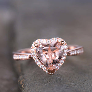 1ct Heart Cut Peach Morganite Halo Solitaire Engagement Ring 18k RoseGold Finish