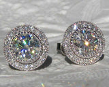 Halo Milgrain Bezel Stud Earrings 2.1ct Round Cut Diamond 14k White Gold Finish