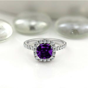 2.5Ct Cushion Cut Amethyst Diamond Halo Engagement Ring 14K White Gold Finish