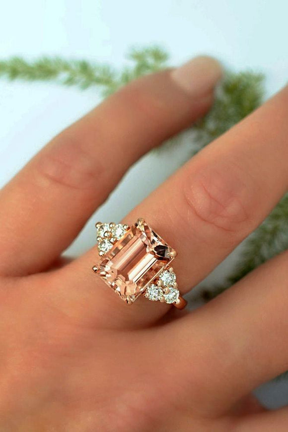 3Ct Emerald Cut Peach Morganite Engagement Ring 18K Rose Gold Over Round Accents