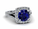 2.5ct Round Blue Sapphire Engagement Ring Split Shank Halo 14k White Gold Finish