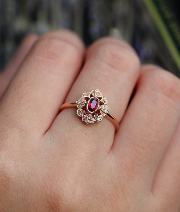 1.6ct Oval Cut Red Garnet Engagement Ring 14k Rose Gold Finish Vintage Milgrain