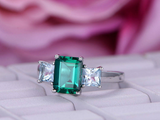 2.3ct Green Emerald Cut Engagement Ring Unique Trilogy 14k White Gold Finish