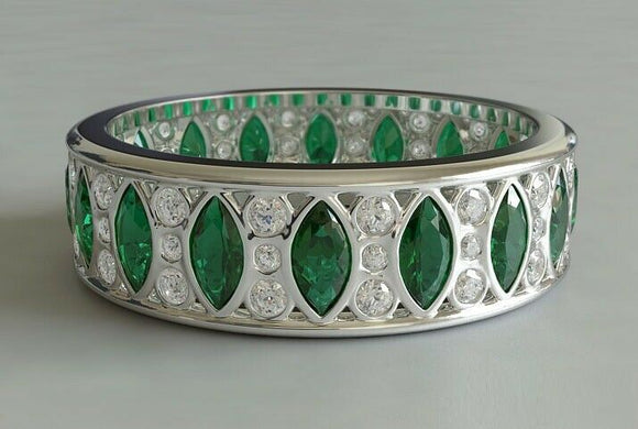 4ct Marquise Cut Green Emerald Wedding Band Full Eternity 14k White Gold Finish