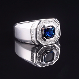 2ct Asscher Blue Sapphire Halo Engagement Wedding Men Ring 14k White Gold Finish