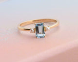 0.7ct Emerald Cut Blue Aquamarine Engagement Ring Trilogy 14k Yellow Gold Finish