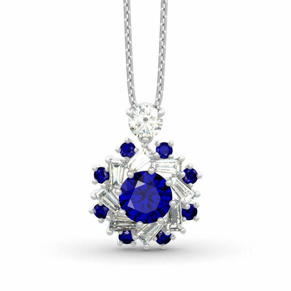 3Ct Round Blue Sapphire Baguette Diamond Pendant 14K White Gold Finish NO CHAIN