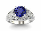 3ct Round Cut Blue Sapphire Vintage Inspired Filigree Ring 14k White Gold Finish