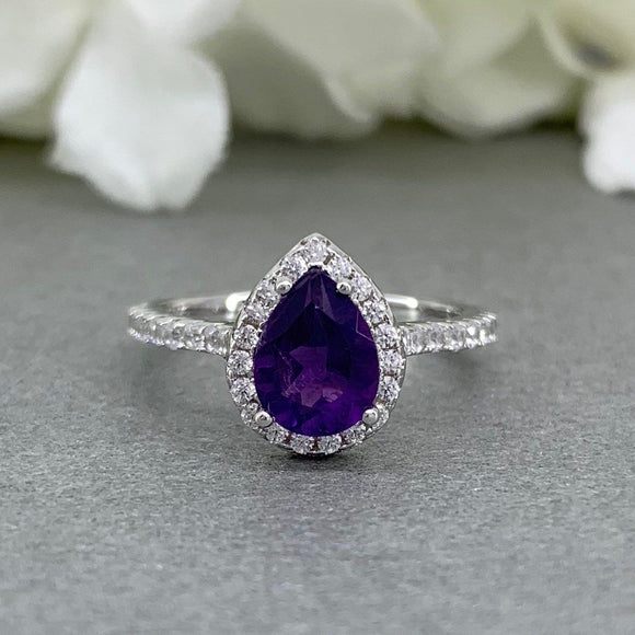 2ct Pear Purple Amethyst Accents Solitaire Engagement Ring 14k White Gold Finish