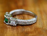 1.5ct Round Cut Green Emerald Milgrain Diamond Accent Ring 14k White Gold Finish